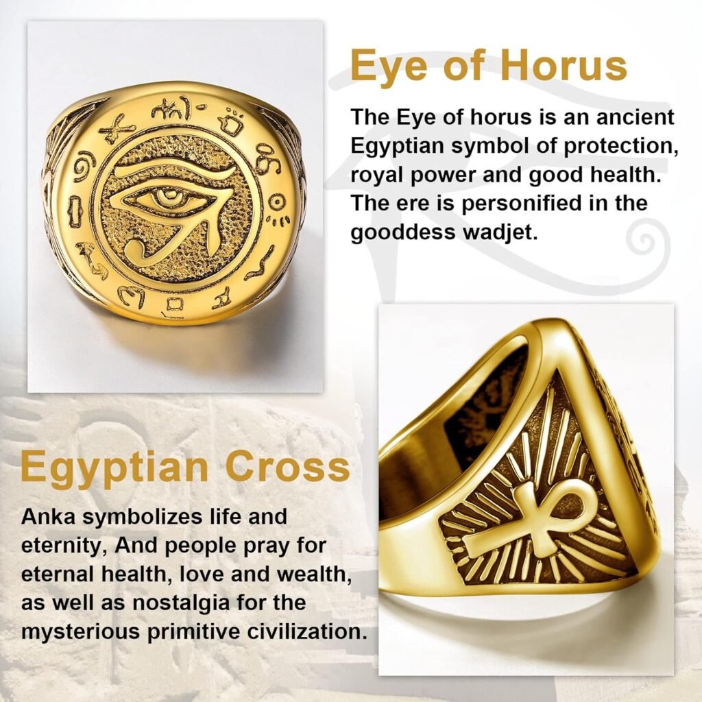 U7 Jewelry Ankh Rings Ancient Egyptian Eye of Ra Horus Ring Stainless Steel/Gold Plated/Black Color Egypt Symbol Rings for Men Women