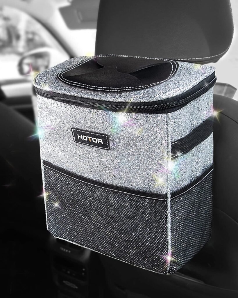 HOTOR Car Trash Can with Lid and Storage Pockets - 100% Leak-Proof Organizer, Waterproof Garbage Can, Multipurpose Trash Bin for Car, 2 Gallons, Sparkle White